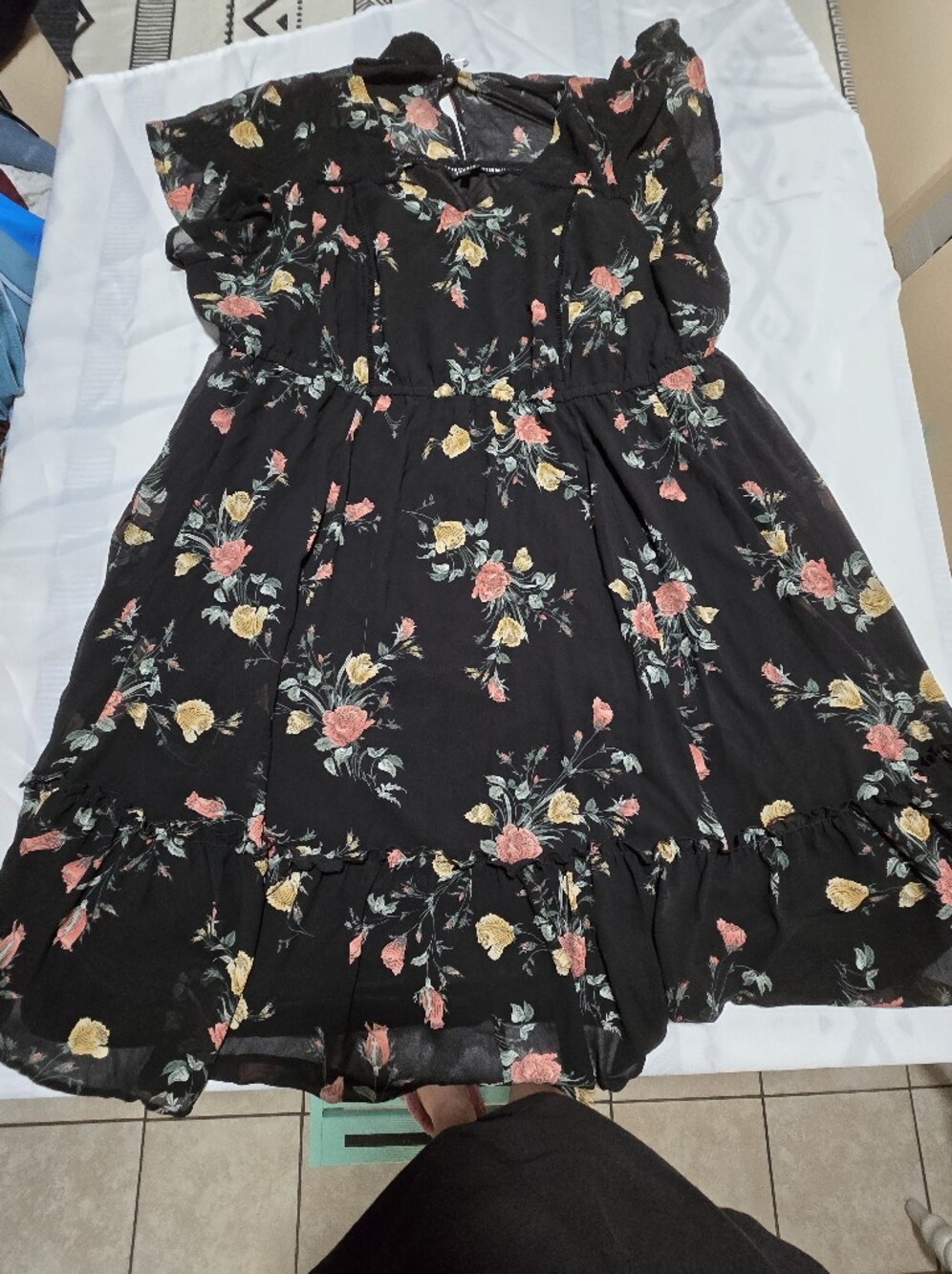 Black Floral Ruffle Hem Dress with Pink & Yellow Roses